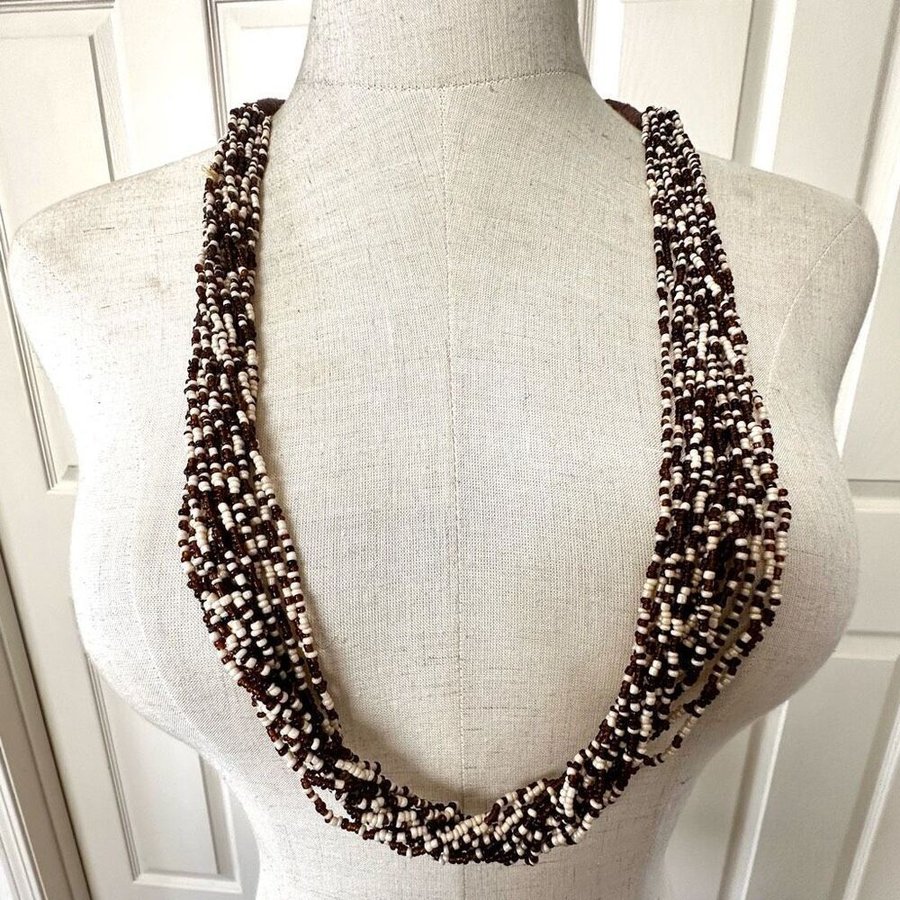Brown and cream seed beaded multi strand tribal necklace